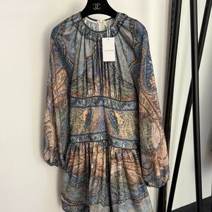 zimmermann Paisley Printed Long Sleeve Mini Dress - Blue/Brown